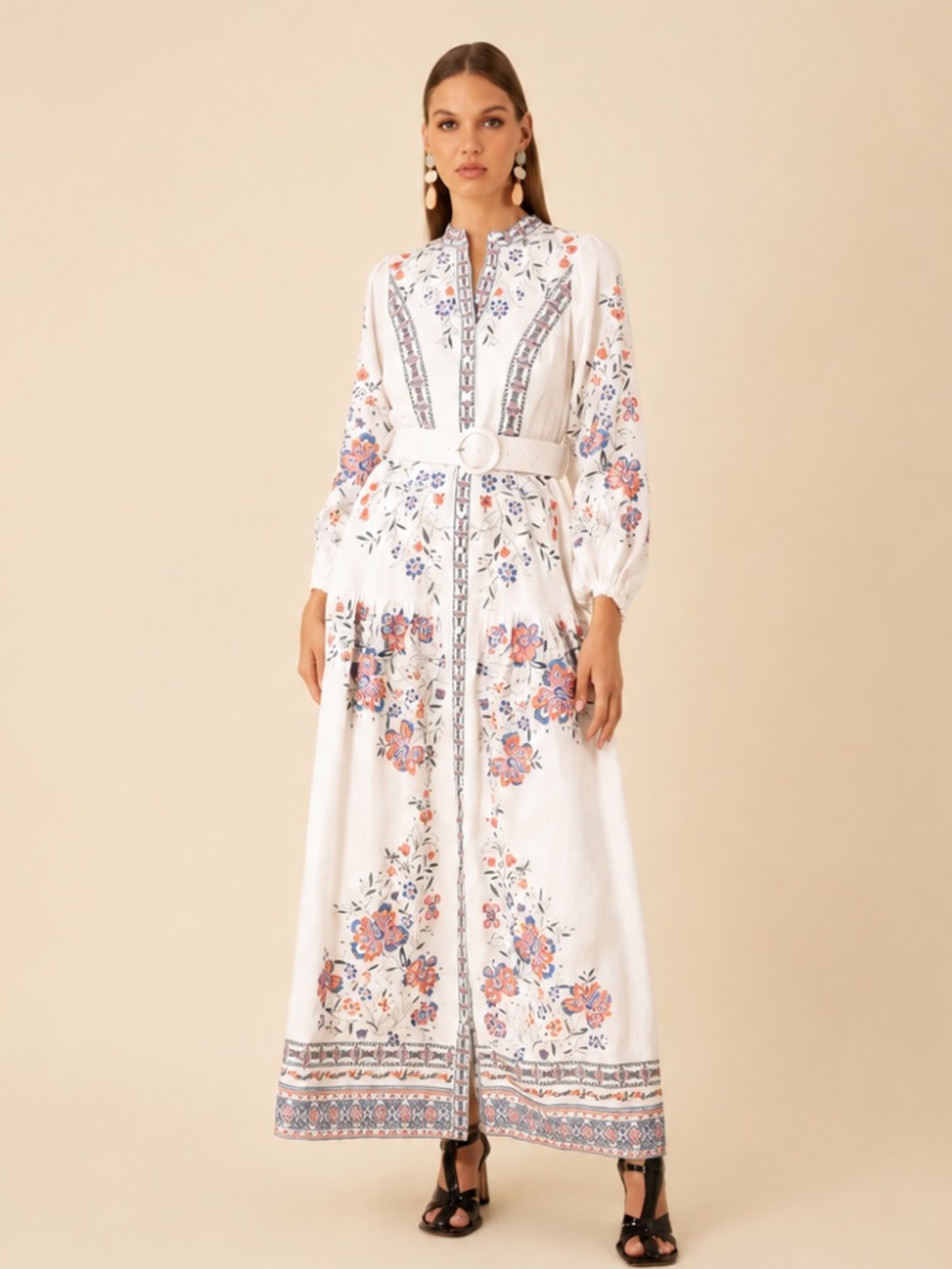 Hale Bob Melissa Embroidered Linen Maxi Dress Ivory Small